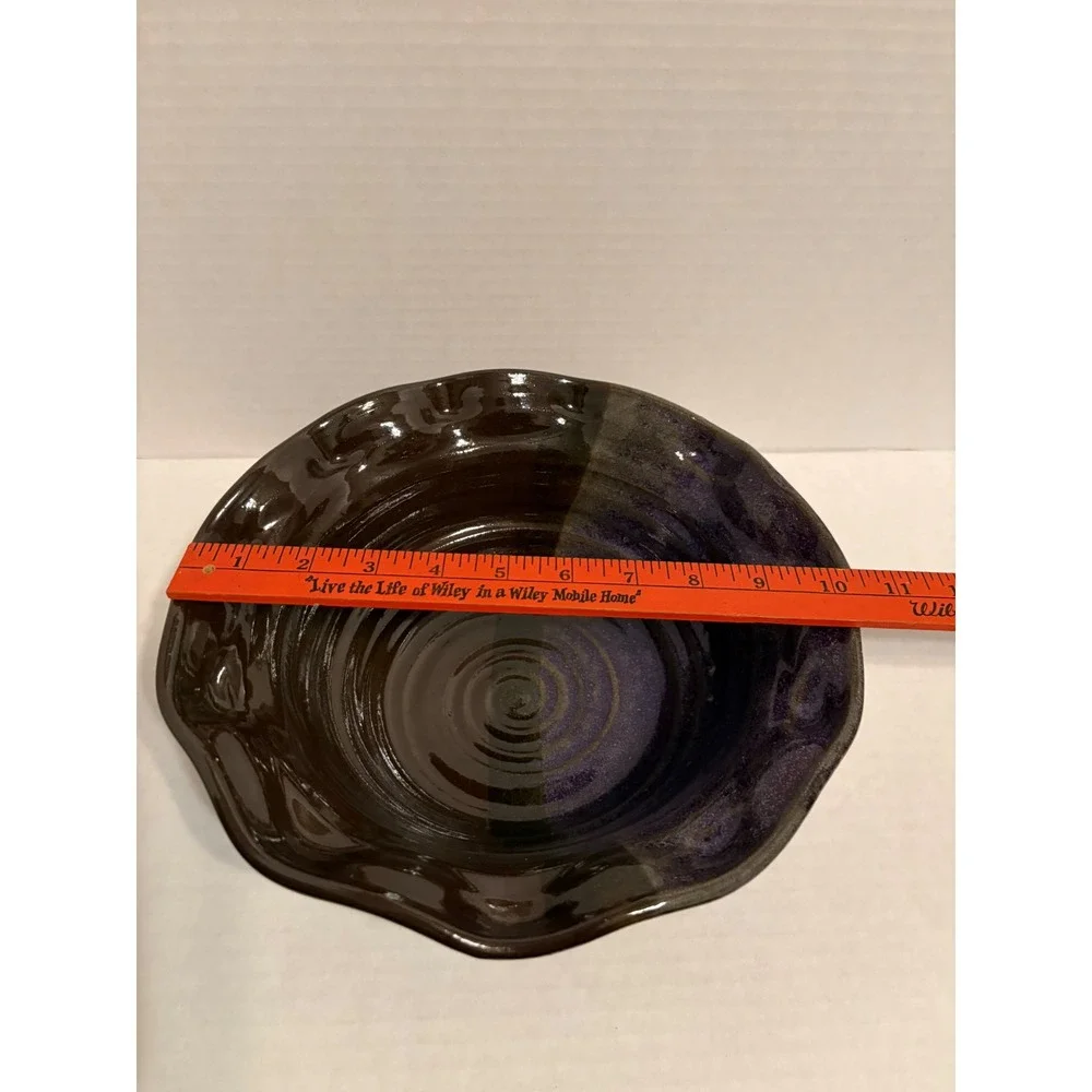 Dodge Studio Pottery Ruffled Bowl Set Purple Brown Glaze Signed Handcrafted 2pc